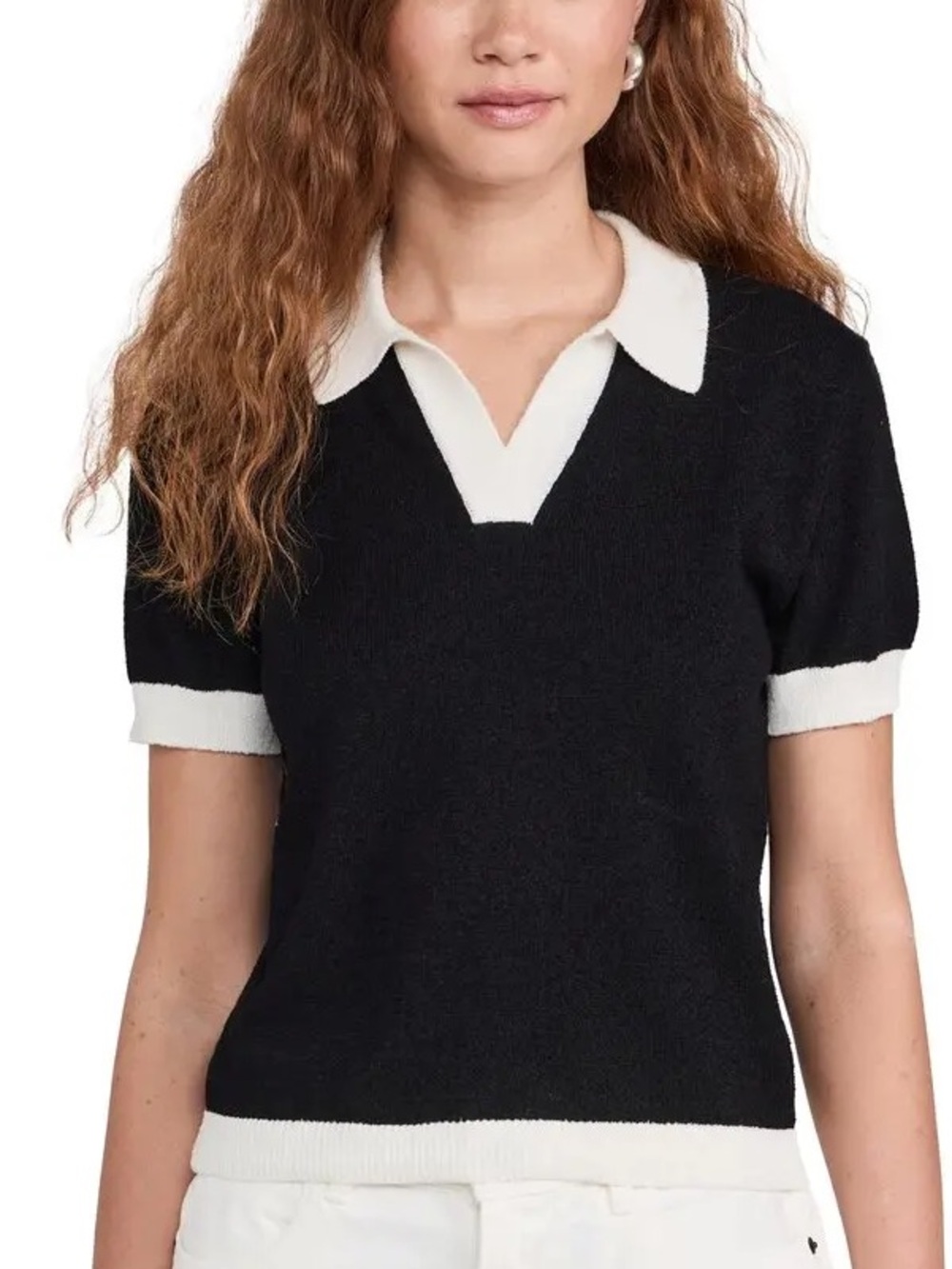 Rails Ayra Black Knit Polo Collar Short Sleeve Sweater with White Trim small
